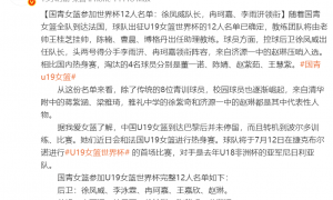原创 
            女篮世青赛12人名单出炉！小王思雨领衔出战：2米26张子宇缺席！